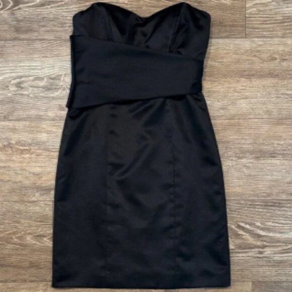 Nicole Miller Black Satin Strapless Mini Dress with Faux Wrap Women's Size 8 LBD - Picture 1 of 8